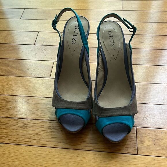 Guess Suede Multicolor Blue Gray Purple  Slingback Cork Heel Shoes  Sandals  8.5 - Picture 3 of 12